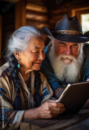 Smiling senior couple using a digital tablet together in a rustic wooden cabin, combining tradition and technology