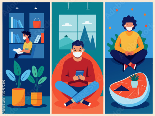 Flat Style Illustration of Peaceful Everyday Life with Masked Man and Reading at Home