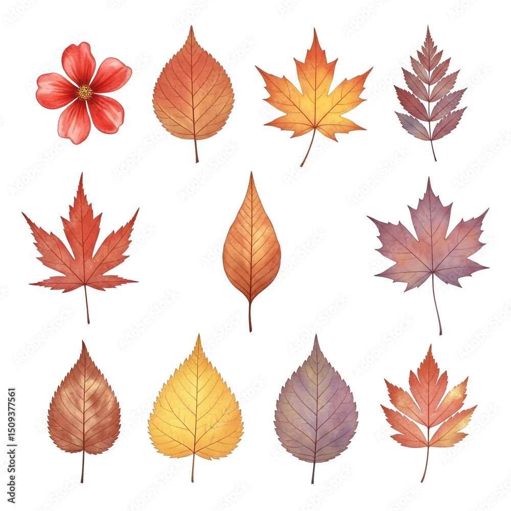 Artistic set of forest leaves and small blossoms featuring warm autumn tones for commercial or editorial background Artistic set of forest leaves and small blossoms featuring warm autumn tones for commercial or editorial background