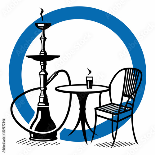 Hookah, drink, and chair at a table inside a blue circular design indicating a hookah area