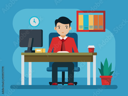 Corporate Office Illustration Featuring Serious Young Man with Laptop and Organized Workspace