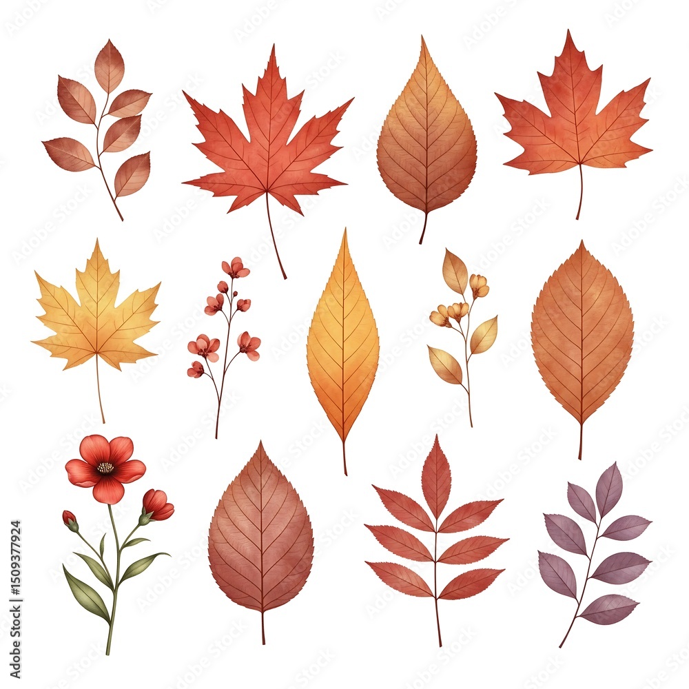 Seasonal collection of diverse autumn leaves and soft flowers perfect for print background collage or packaging elements Seasonal collection of diverse autumn leaves and soft flowers perfect for print background collage or packaging elements