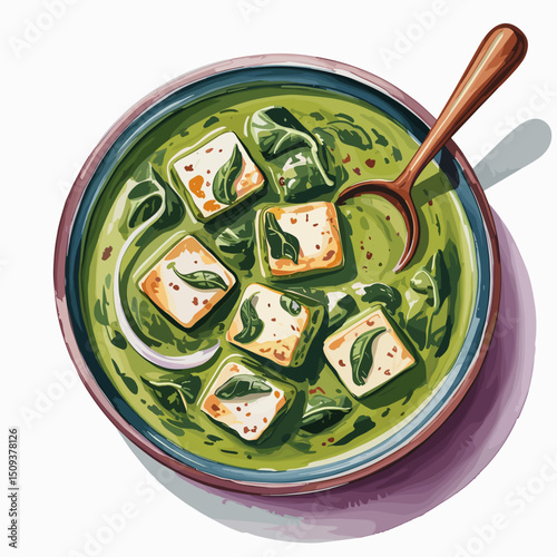 Palak Paneer with Garlic Garnish – Watercolor Top View
