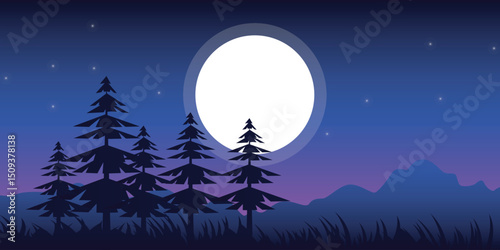 stylized silhouettes of spruce or pine trees, mountains and grass against a blue night sky with white stars and a full moon