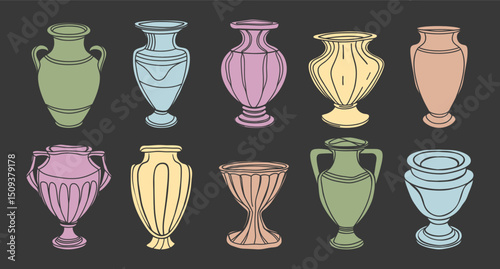 Set of hand-drawn antique vases and amphoras. Illustration in pastel colors.
