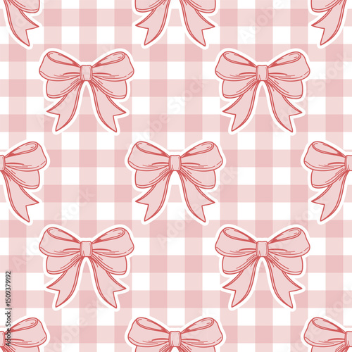 Seamless pattern, hand drawn elegant pink bows on gingham checkered fabric. Flirty background, wallpaper.