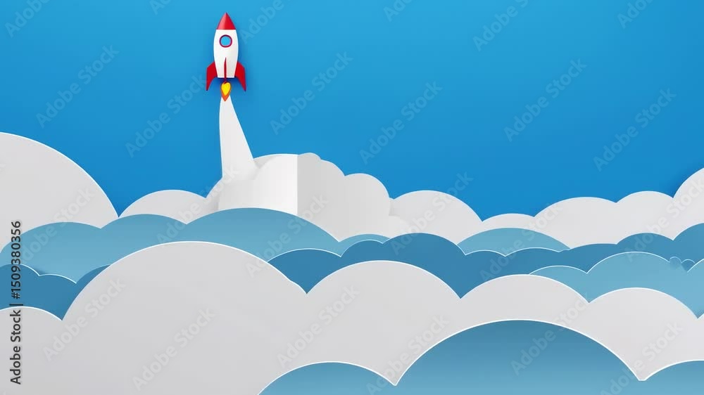 Minimalist rocket launch in the sky, creative paper cutout style illustration
