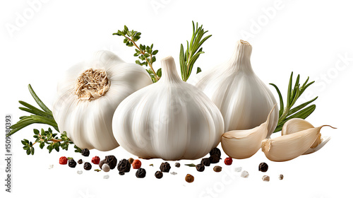 Artistic arrangement of whole garlic bulbs, individual cloves, fresh rosemary sprigs, thyme, and peppercorns. Aromatic culinary herbs and spices. Isolated on transparent background.