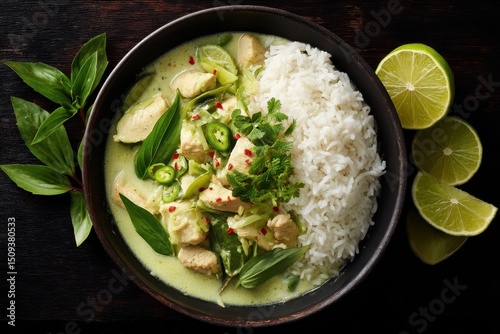 Grünes Curry Hähnchen Kokosmilch Reis Limette Thailändisch Kräuter Scharf Aromatisch Asiengericht Hausgemacht Exotisch Authentisch Bowl Rezept Mittagessen Gesund Würzig