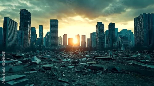 Desolate cityscape at sunset after disaster photo
