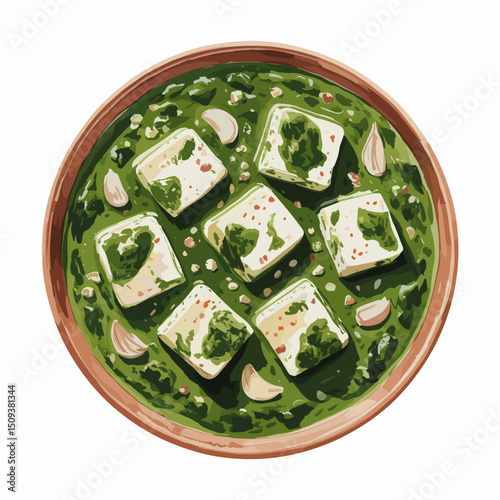 Palak Paneer with Garlic Garnish – Watercolor Top View