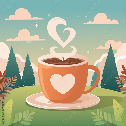 A steaming coffee cup with a heart-shaped foam swirl
