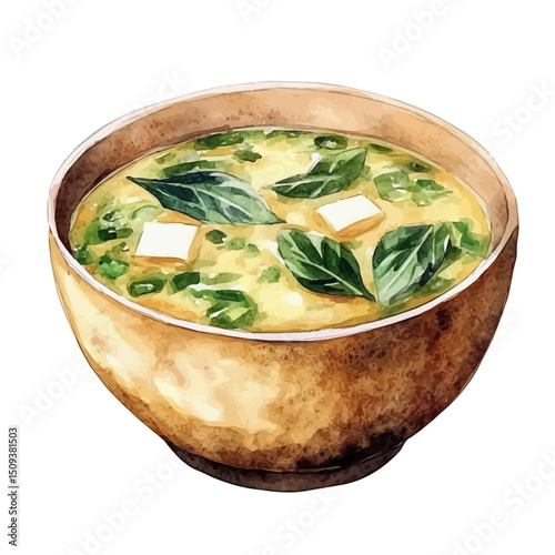 Miso Soup, watercolor drawing vector, high quality, isolated on a white background.