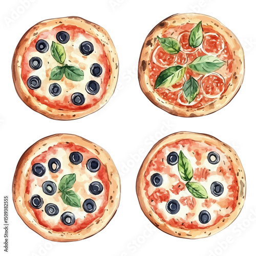 watercolor vector of Mini Pizzas, high quality, isolated on a white background.