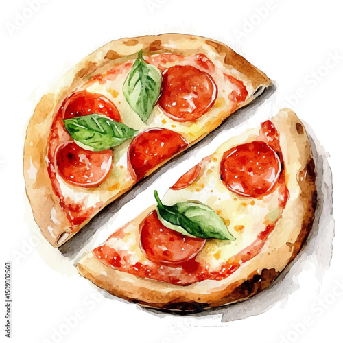 Mini Pizzas, watercolor painting vector, high quality, isolated on a white background.