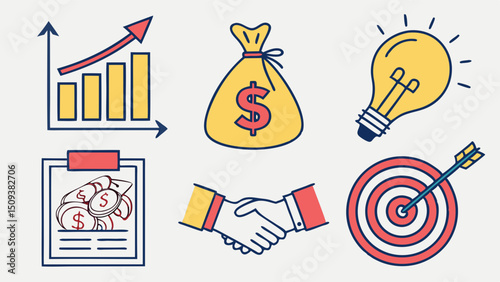 Business Icons: A collection of dynamic business icons symbolizing concepts such as growth, investment, ideas, contracts, partnership and targets. Perfect for illustrating business related topics