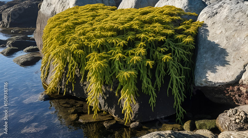 Fucus vesiculosus, bladder wrack or rockweed hanging from a wet rock