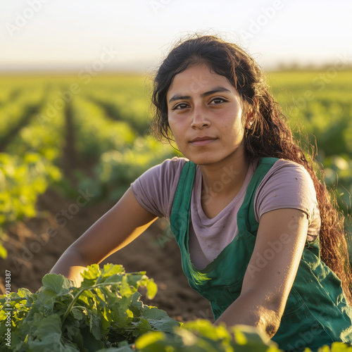 Female Mexican migrant worker tending to crops under the sun in an agricultural field