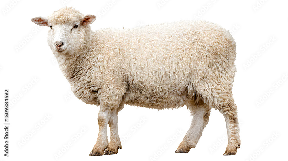 Fototapeta premium Juvenile sheep with pristine white wool coat, complete side profile, gentle expression. Pastoral animal study. Isolated on transparent background.