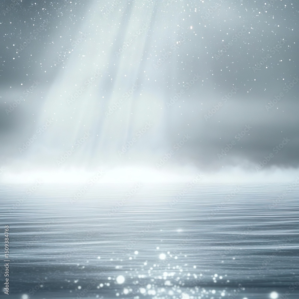 Fototapeta premium A white and grey background with stars is present. An hint of an icy lake outline. Patterns form on the water surface due to the light rays that shine through the mist.