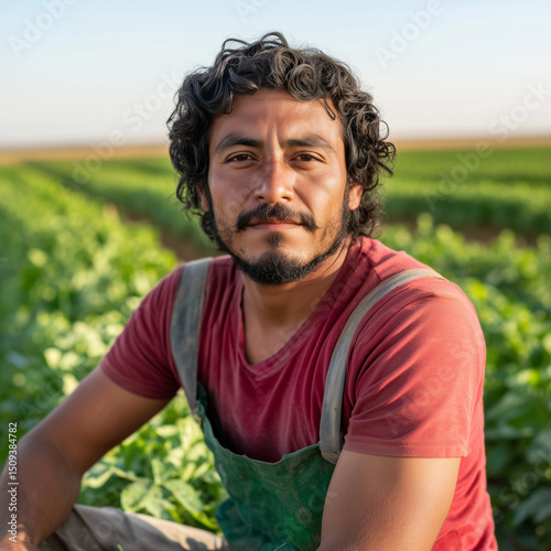 Mexican migrant worker laboring under the sun in a vast field