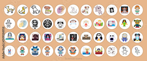 Outline doll icon, dog logo template, and silhouette art of ant, Pen icon, birds, art Vector set,