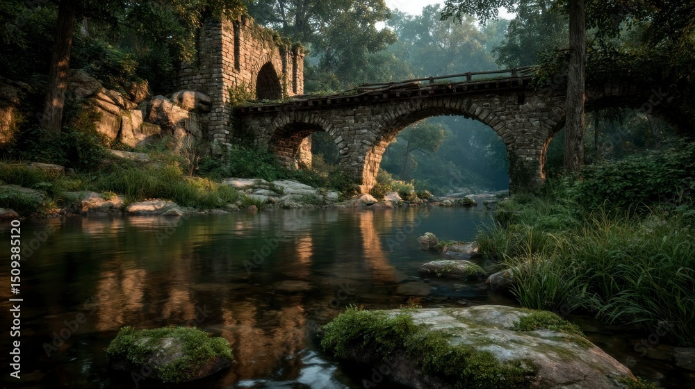 Fototapeta premium Enchanting Forest Stream with Ancient Stone Bridge and Lush Greenery