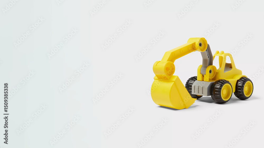 Fototapeta premium Bright yellow toy excavator sits on a smooth surface ready for imaginative play and construction adventures indoors.