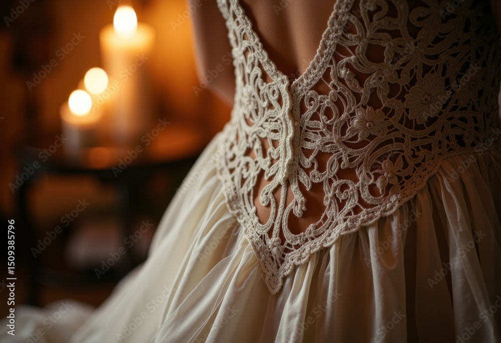 Obraz premium Elegant lace wedding dress with intricate embroidery and flowing fabric