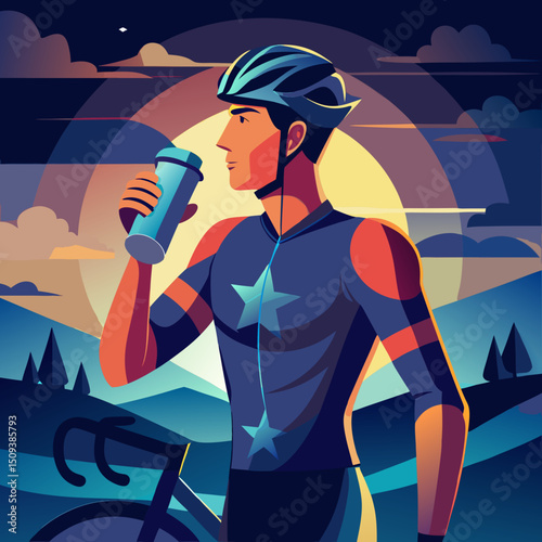 A man in a sports uniform with a bicycle against the backdrop of dawn drinks water from a transparent bottle - shot in backlight