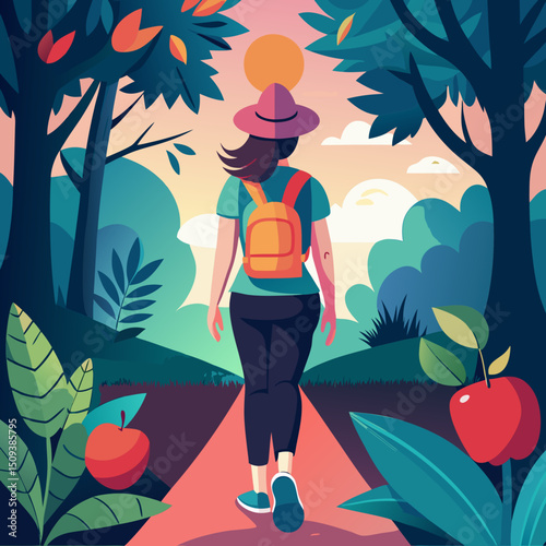 Back view: a woman walking along a forest path with a yoga mat, a backpack on her back and an apple in her hand - the frame is full of air and freshness