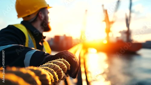 Close-up of crew managing mooring lines at bow of container ship, sunlight flaring on metal hardware