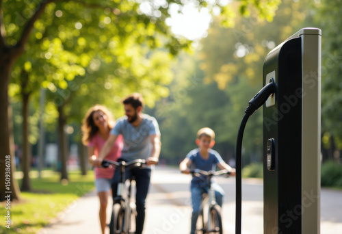 A young man and two children ride bicycles near an electric vehicle charging station in a park