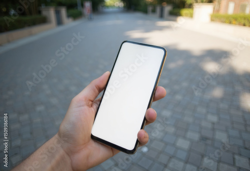 Hand holding a smartphone with a blank screen in an outdoor setting