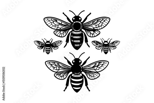  Black and White Bee Vector Illustration for Tattoo and Ink Design