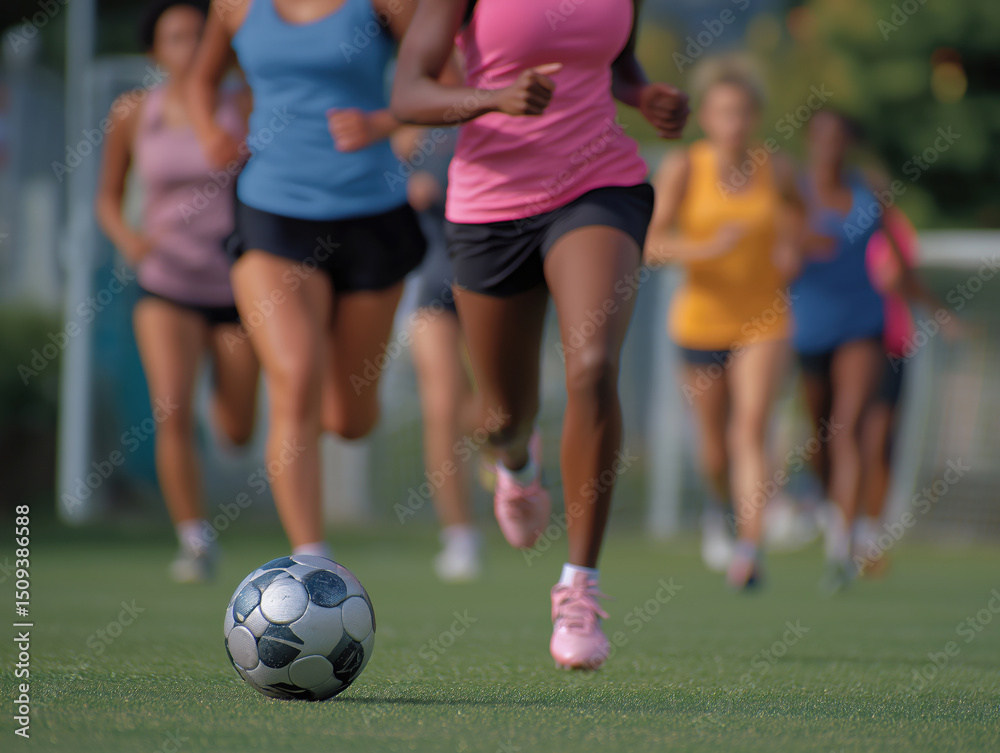 Fototapeta premium Group of female athletes running on a soccer field, focused on the ball, showcasing teamwork and athleticism in a vibrant outdoor sports environment