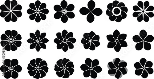 Flower icon set, black Flower isolated on white, vector