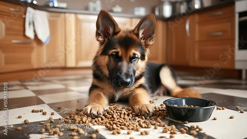 German shepherd puppy sits in kitchen with broken dog bowl, spilled kibble, tail wagging and eyes sparkling