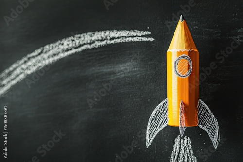 A yellow pencil rocket taking flight.  Chalk trails depict the launch