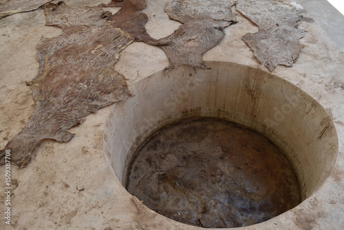 Peaux de mouton séchant près d'un bassin de tannage du cuir.
 photo