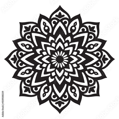 A delicate black mandala silhouette blossoming like a shadow flower against a clean white background.