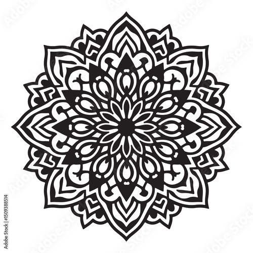 A dark, elegant mandala silhouette resembling a blooming flower on a pristine white background.