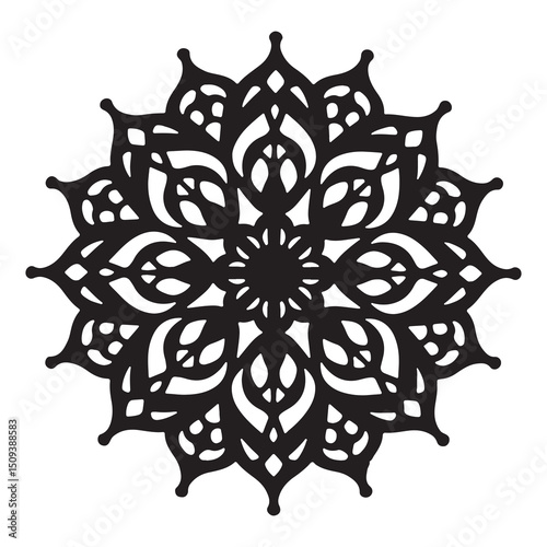 A black mandala silhouette unfolding like a mysterious flower against a white backdrop