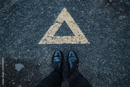A yellow triangle painted on a dark gray asphalt road, with black shoes and pants standing at the center