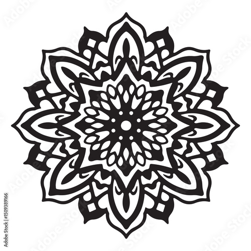 A powerful black mandala silhouette on a white background, capturing the core essence of spiritual depth and artistic boldness in every intricate line.