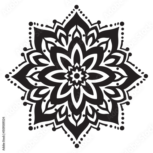 A serene black mandala silhouette, delicately balanced on a white background 