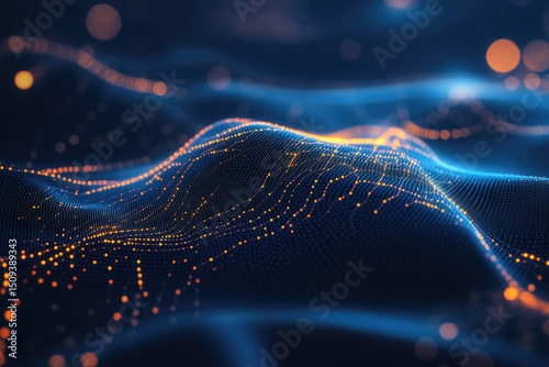 Abstract data visualization, a dynamic display of interconnected points forming undulating patterns.  The interplay of light and dark, orange and blue, creates a sense of movement and complexity