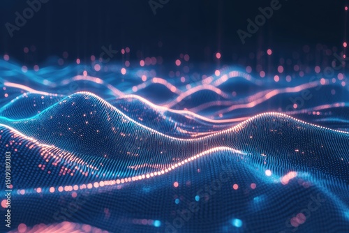Abstract digital wave patterns, a complex network of interconnected points, glowing in vibrant colors
