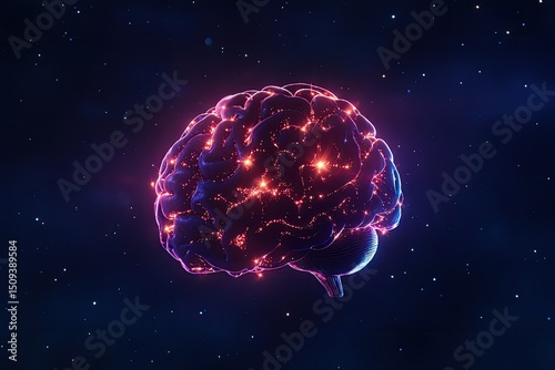 A glowing brain, network of connections, in the cosmos