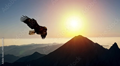 Soaring Eagle at Sunrise: An eagle glides majestically against a fiery sunrise backdrop, symbolizing freedom and the grandeur of nature, with silhouetted mountain peaks in the foreground.
